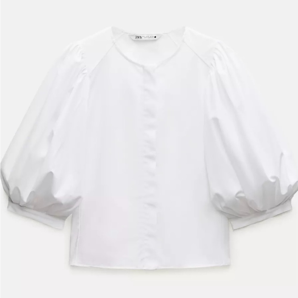 Zara 100 % Cotton White Blouse with Puff Sleeves